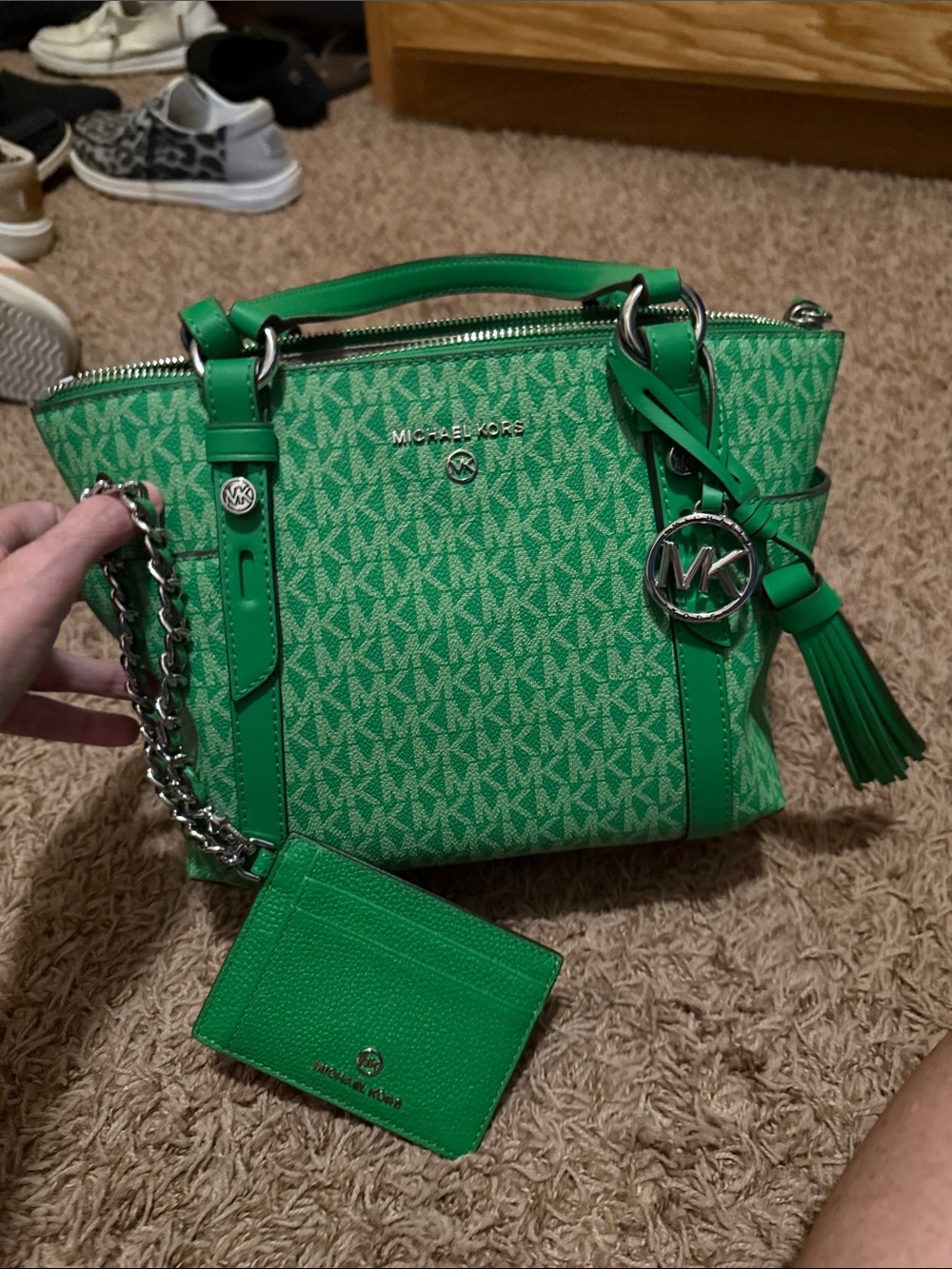 Michael Kors Green Signature Canvas Tote with Tassel Charm w/matching card hold